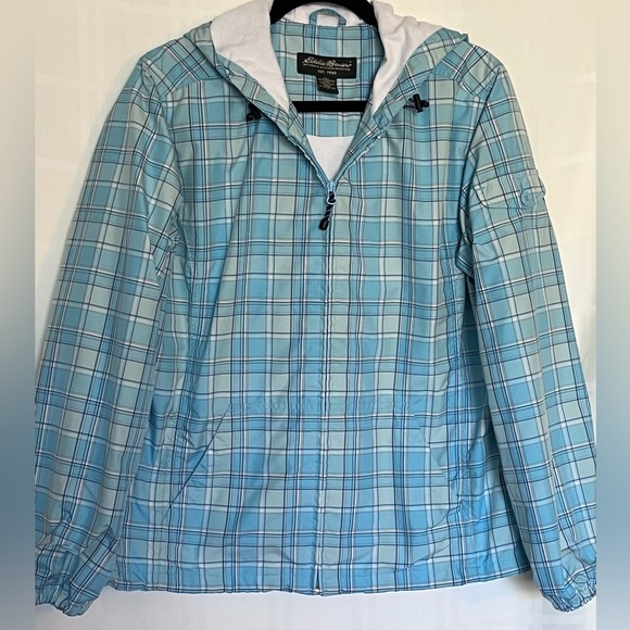 Eddie Bauer Hooded Jacket Womens SZ Large Full Zip Blue Plaid Pocket On Sleeve - Picture 1 of 9
